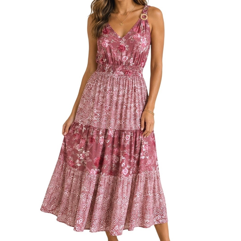 Cure Women Mauve Floral burgundy Geometric Mixed Print Sleeveless Maxi Dress XL